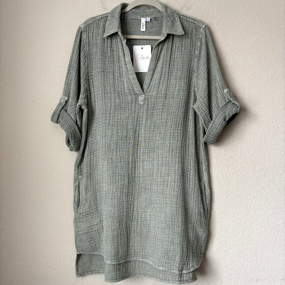 NWT Elan NEW Boho Gauzy Cotton Split Neck Roll Sleeve Shirt Dress - Picture 1 of 10